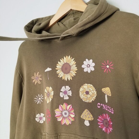 O'Niell Offshore Cotton Fleece Graphic Hoodie M Olive Green Mushroom Flower Boho - Picture 13 of 16